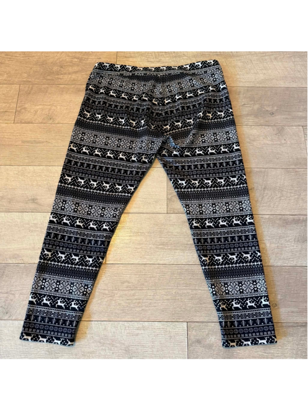 Women's Black & White Fair Isle Reindeer Leggings Stretch Knit Winter One Size